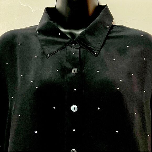 VTG 90s Quaker Factory Black Silk Crystal Soarkle Dot Popover Button Up Tunic S - Picture 3 of 11